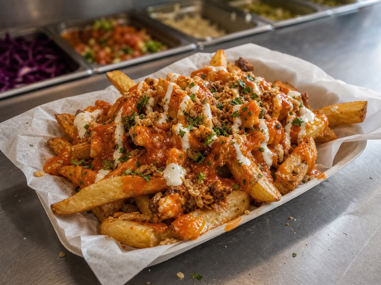Buffalo loaded fries with sauce and herbs