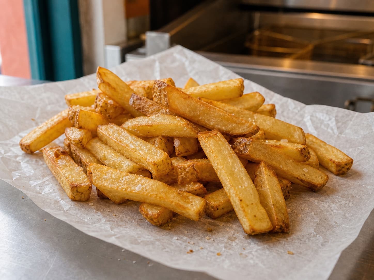 Hand-cut chips served on parchment paper