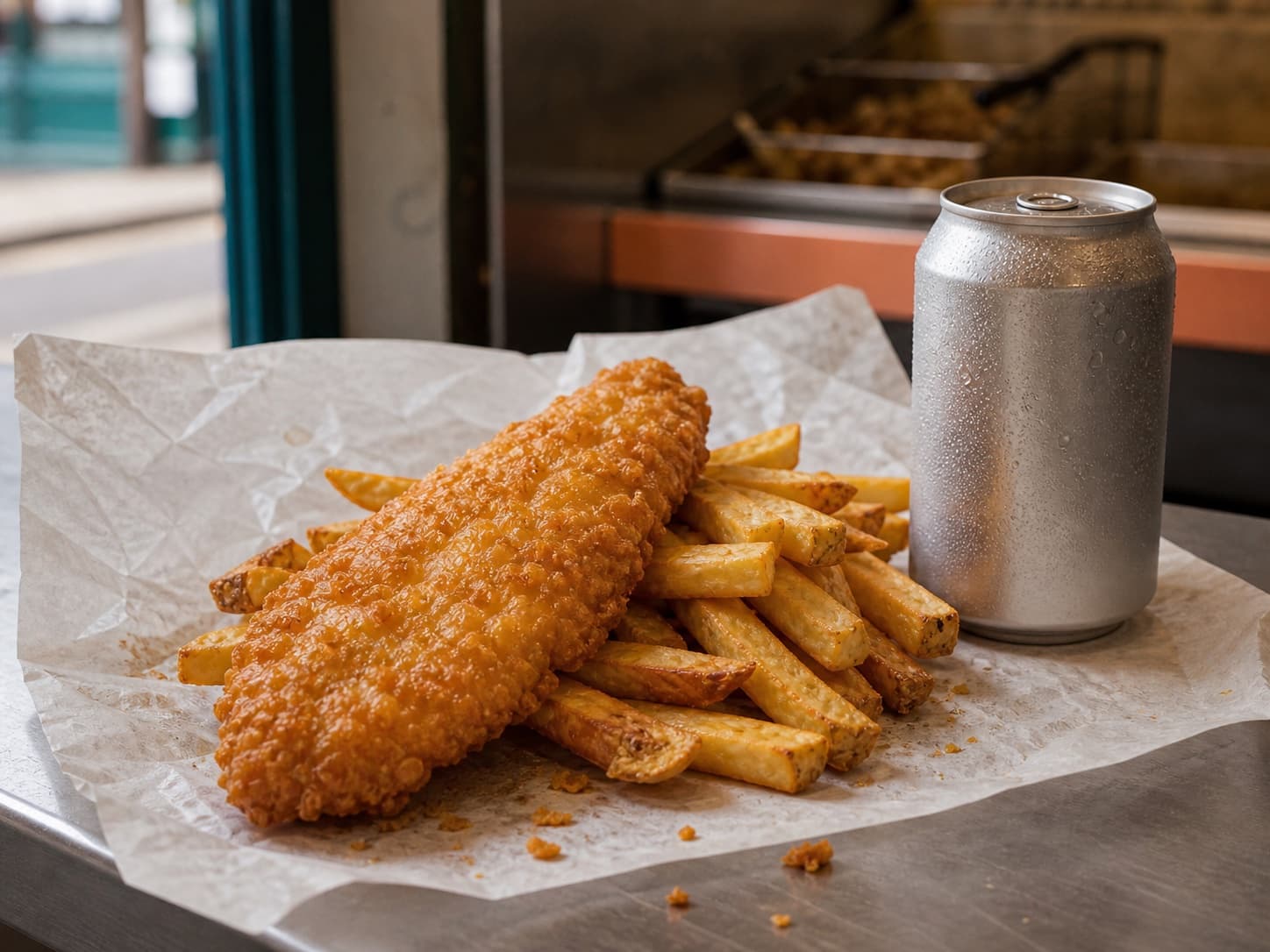 Fish and chips combo meal with an unbranded cold drink