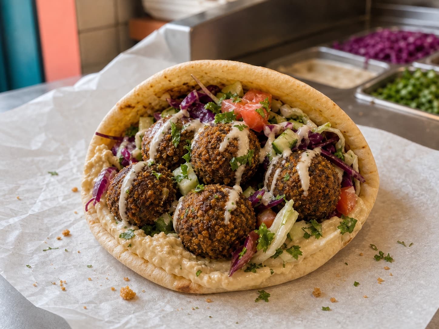 Falafel pita with hummus, cabbage, salad and tahini