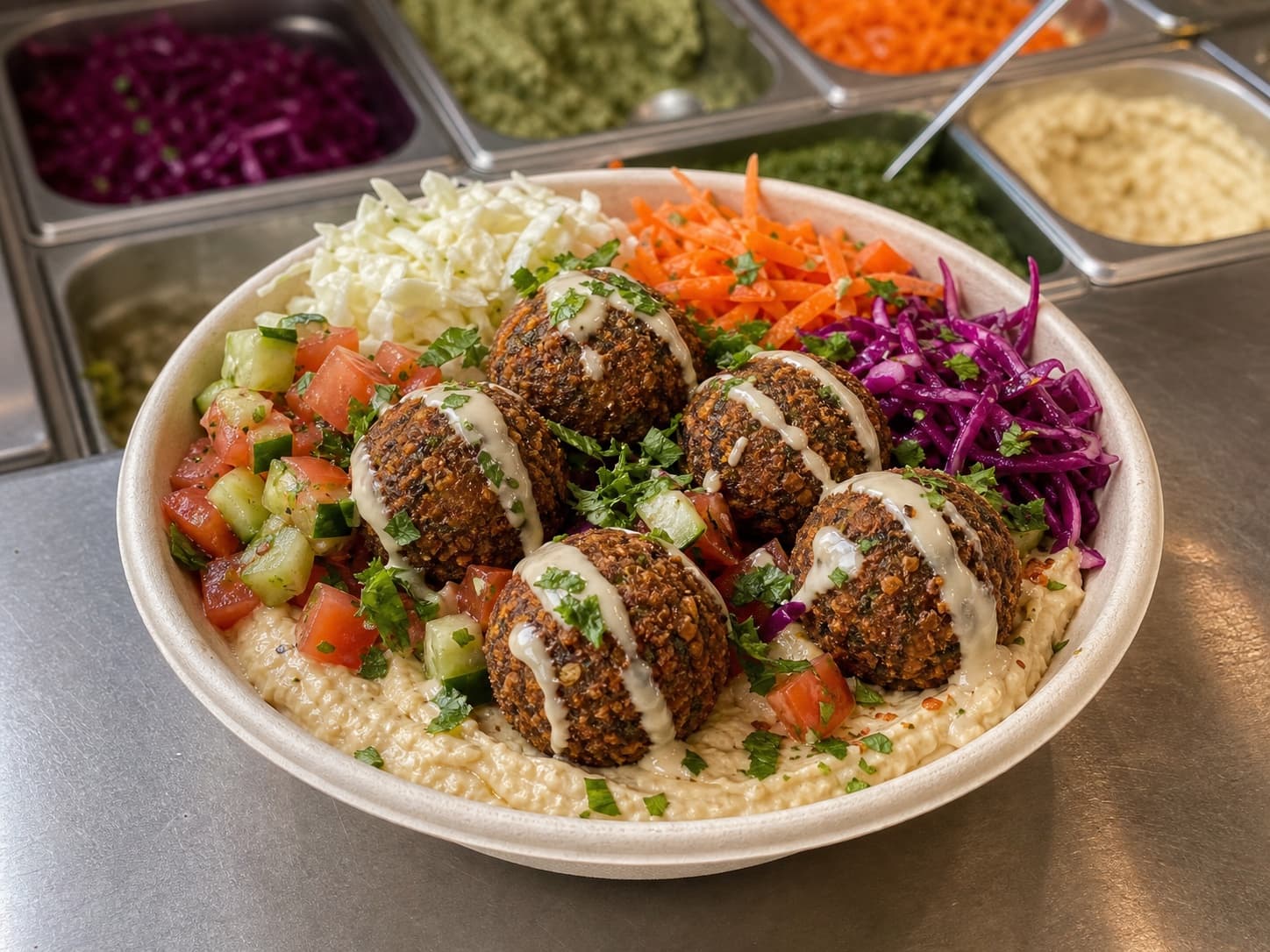 Falafel salad bowl with hummus, chopped salad, cabbage and tahini