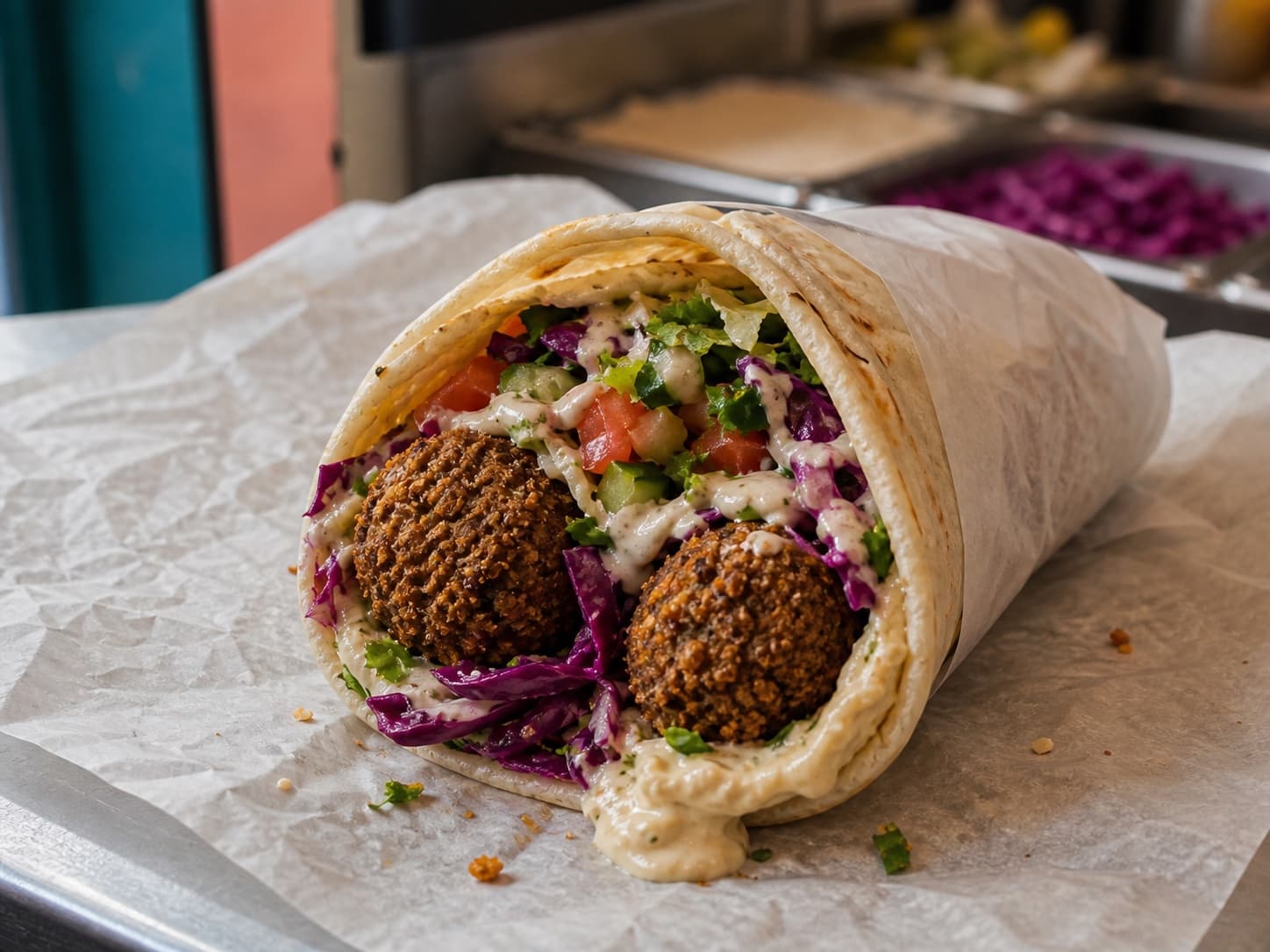 Falafel wrap cut open with hummus, cabbage, salad and tahini