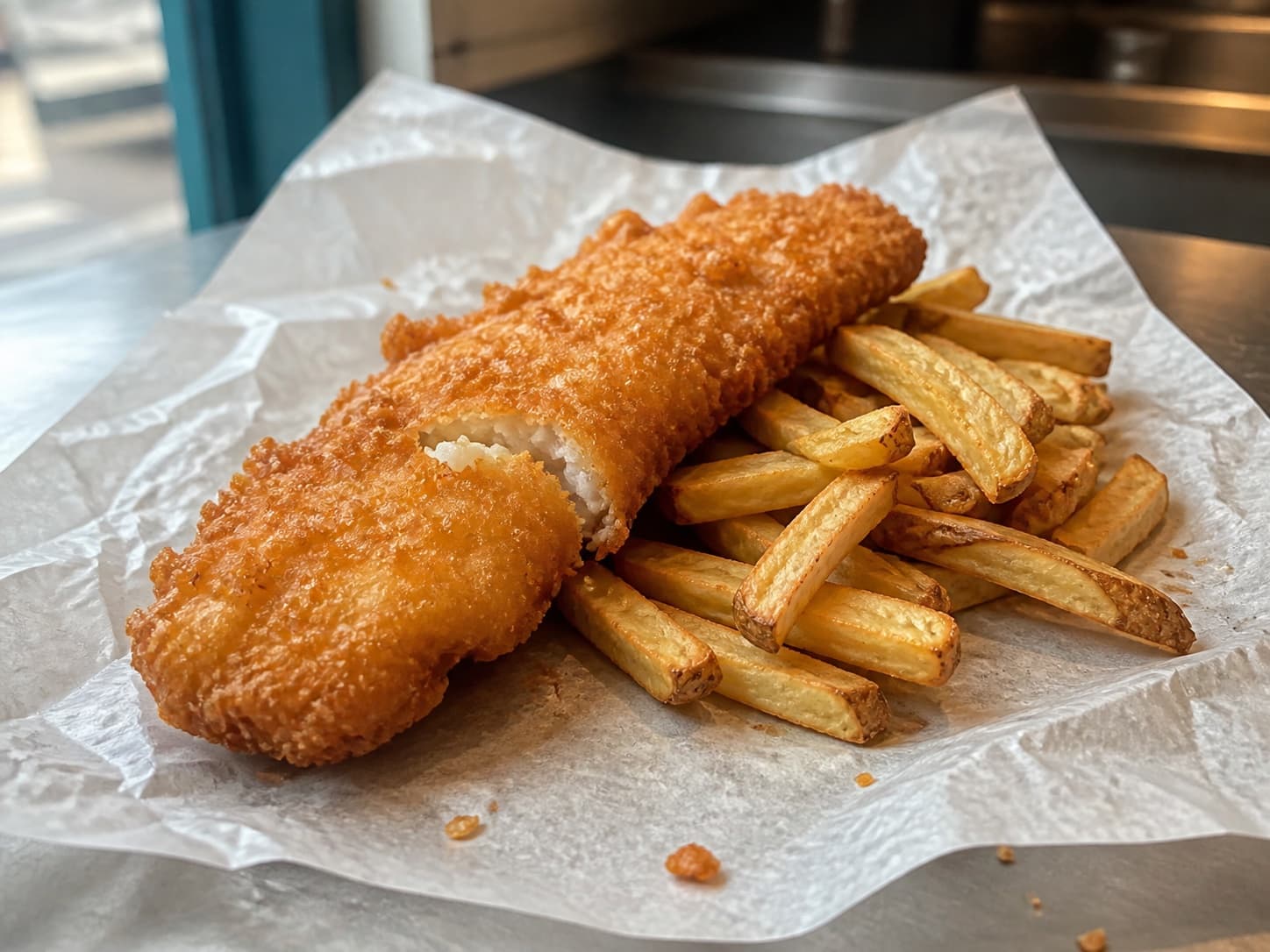 Golden battered hake with hand-cut chips