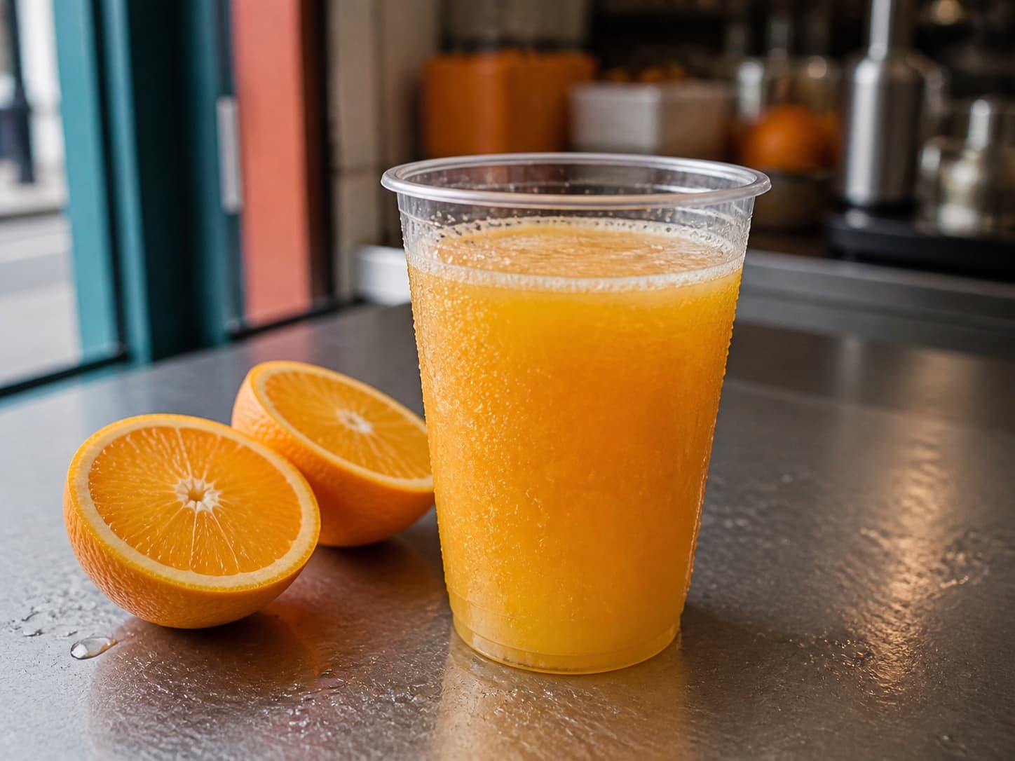 Fresh orange juice in an unbranded cup with orange halves
