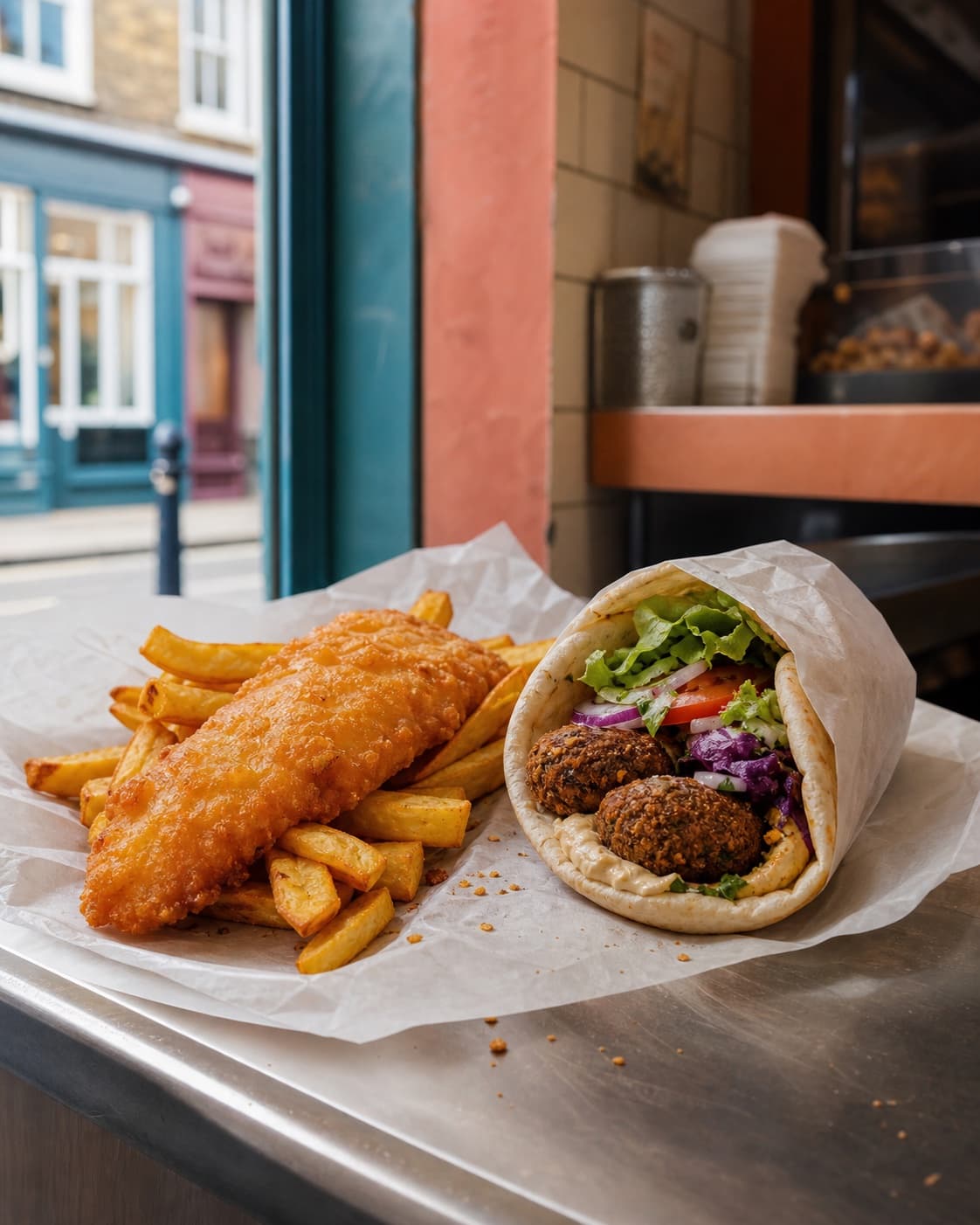 Fish and chips beside a fresh falafel wrap on the Sea and Seeds counter
