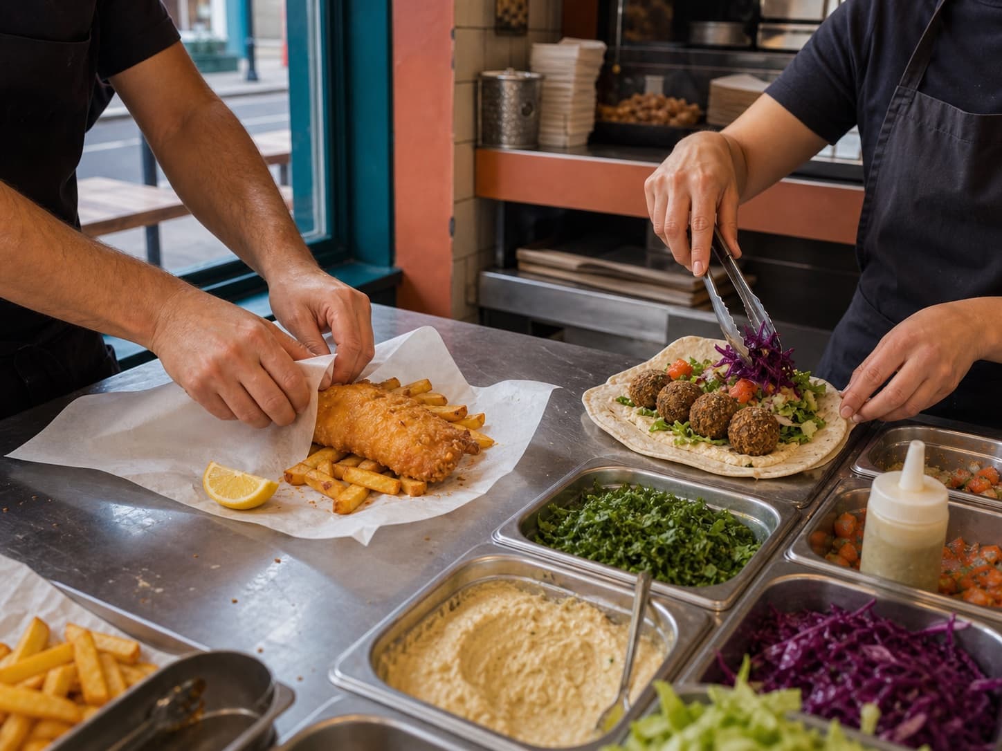 Staff hands preparing fish and chips and a fresh falafel wrap behind the counter