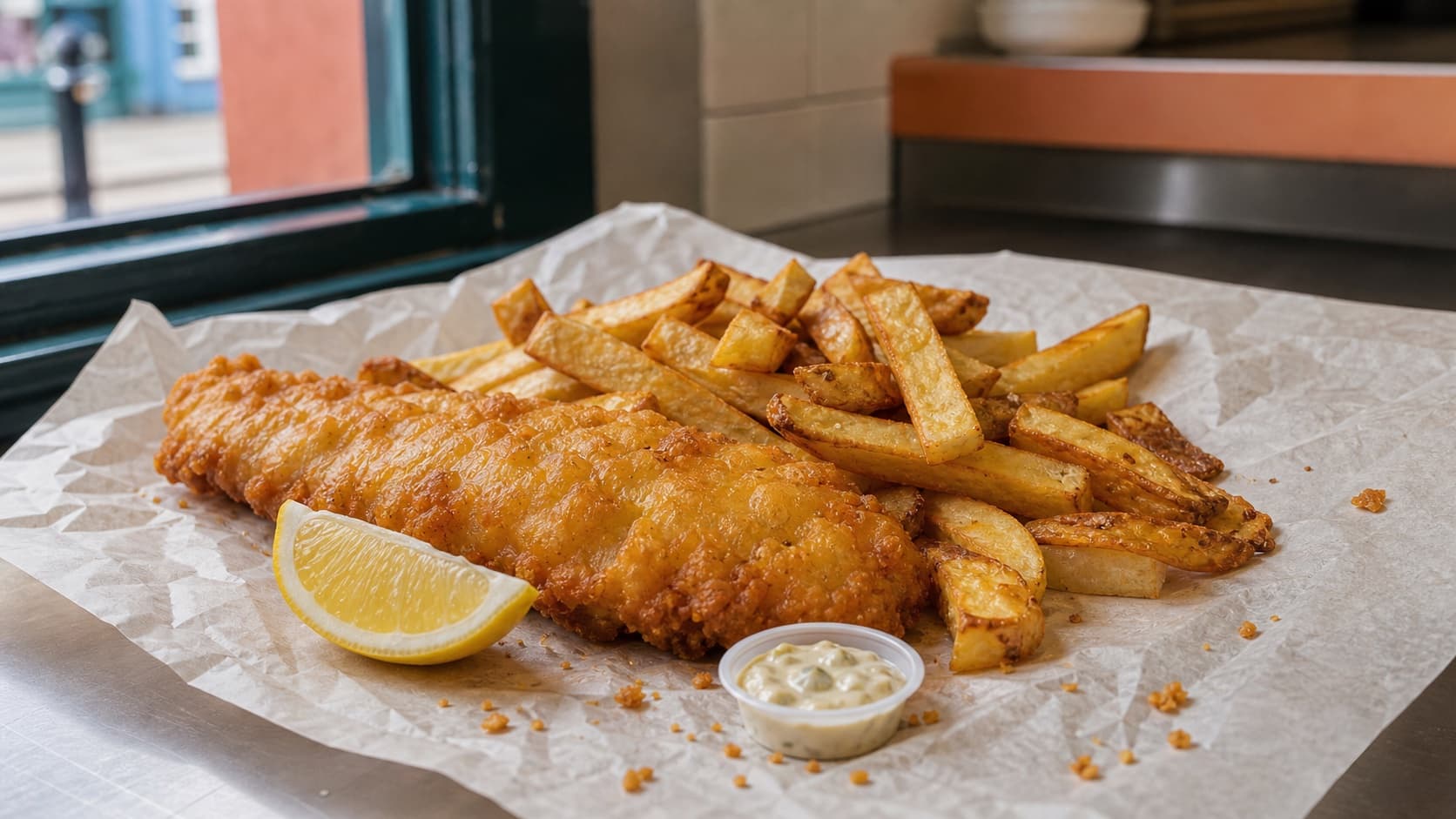 Freshly fried fish and chips on parchment paper