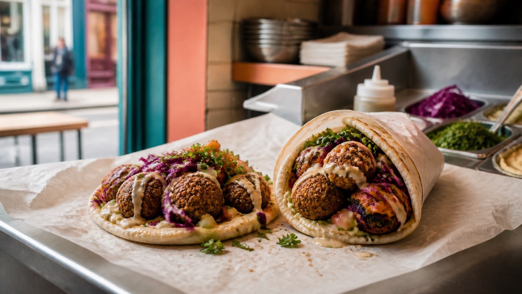 Fresh falafel pita and wrap with salad on a takeaway counter